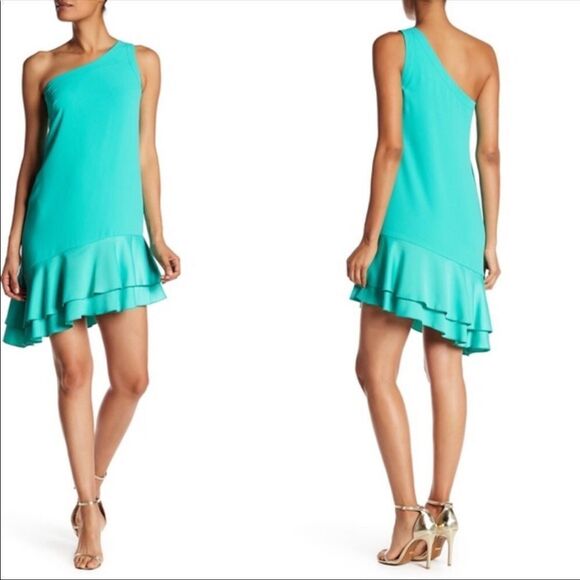 TRINA TURK | Lunara Asymmetrical One Shoulder Ruffle Hem Aqua Green Dress Size 0 - Picture 1 of 10